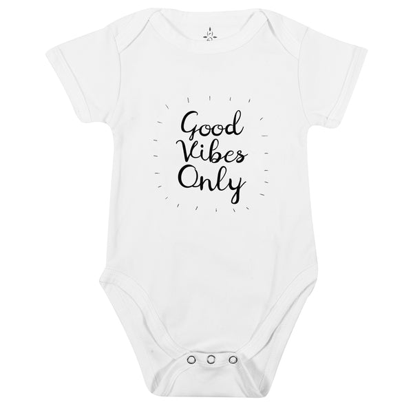 Yoga baby, organic cotton girl boy, good vibes only onesies for babies. Certified organic cotton baby onesie. Baby yoga bodysuit ethically made soft cotton. No latex, skin-friendly. Toddler skin healthy. non-toxic, eco-friendly yoga onesies for babies made with minimal wastage. Good vibe romper, babies enjoy yoga. Comfy. Made to last. Gift for babies. Unisex gender-neutral bodysuit, baby shower gift. Unisex onesie 3, 6, 12 months yoga onesies. White bodies baby clothes. one piece